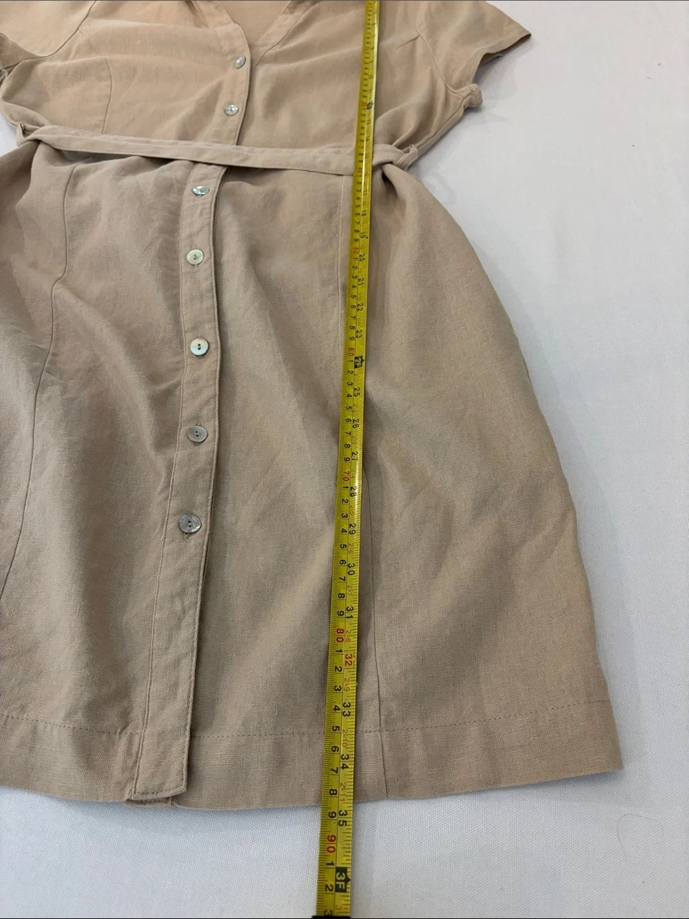 Love Tree Beige Short-Sleeve Collared Linen Blend Button Up Dress with Belt. S